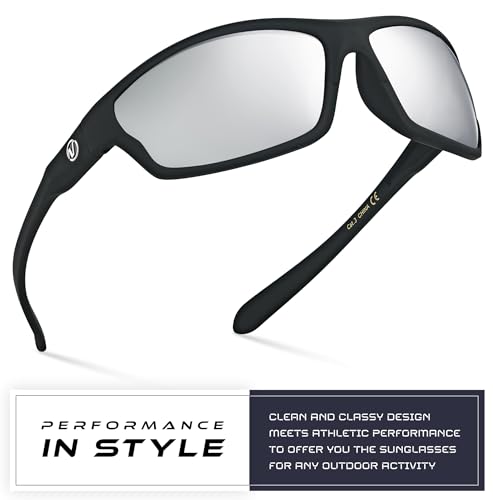 Polarized Wrap Around Sports Sunglasses UV400 Protection Matte Black Silver Mirror