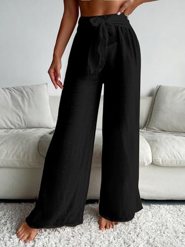 Women's Mesh Tie Front Wide Leg Cover Up Pants X-Large Black