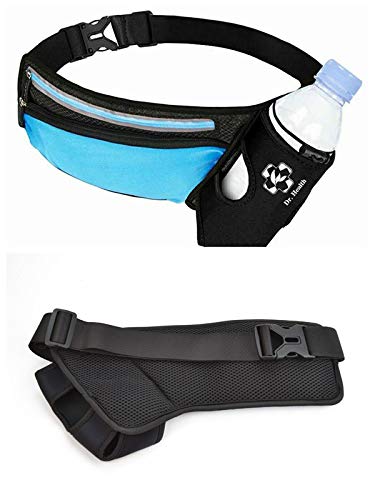 DR. HEALTH Running Belt Sport Waist Pack with Water Bottle Holder - Reflective Strips, 25-48 inch, BLACK/Light BLUE