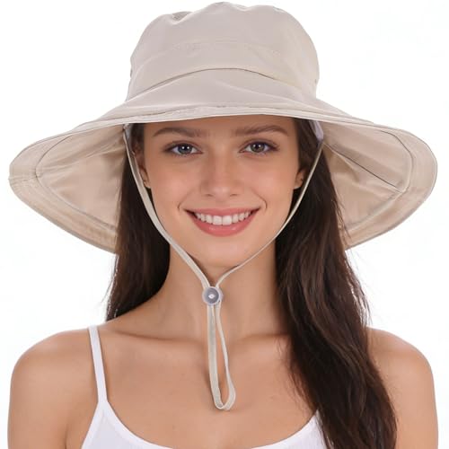 Women's UPF 50+ Waterproof Wide Brim Sun Bucket Hat with Ponytail Hole - Beige