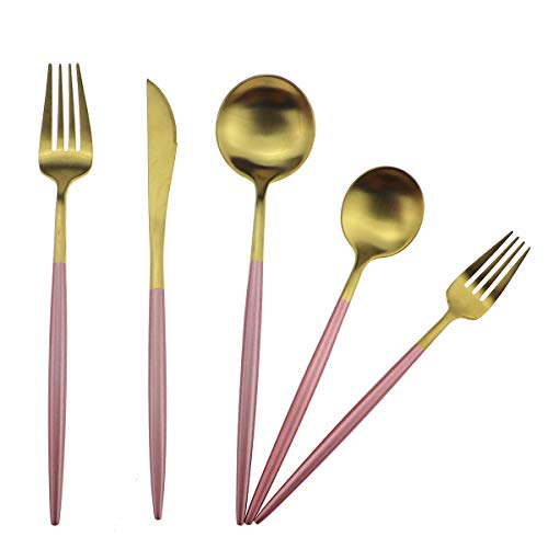 Pink Gold Flatware Set for 4 - 20 Pcs Matte Pink Handle Stainless Steel Cutlery