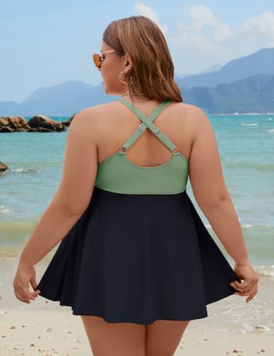 Plus Size Tankini Swimsuit Two Piece Tummy Control Bathing Suit - Army Green & Black XX-Large