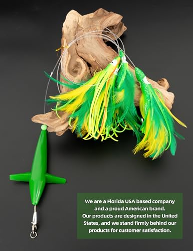 Bluewing Tuna Feather Daisy Chain Fishing Lure with 4-Inch Feathered Squids - Yellow/Green
