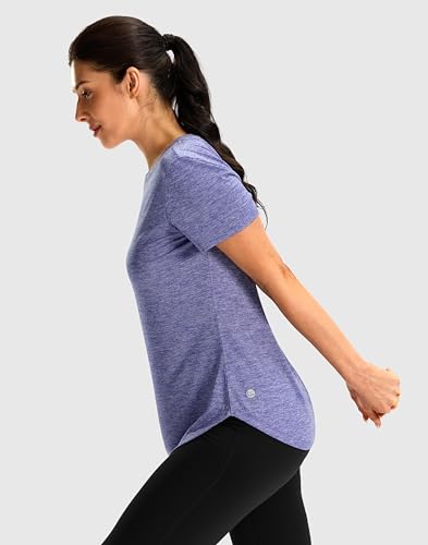 Women's Workout Shirts Bum-Covering Length Short Sleeve Lightweight Dry Fit - Large Purple