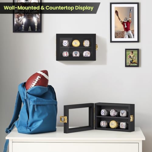 Wall Mount Championship Ring Display Case - 6 Rings Black Wood Glass Cover - Variation of THIS listing: 6 Posts-Black-Rectangle