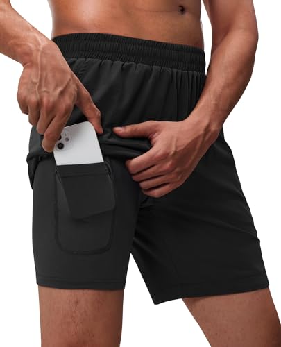 X-Large Men's 2-in-1 Running Shorts 7 Inch Inseam Quick Dry Gym Sports with Phone Pockets - Black