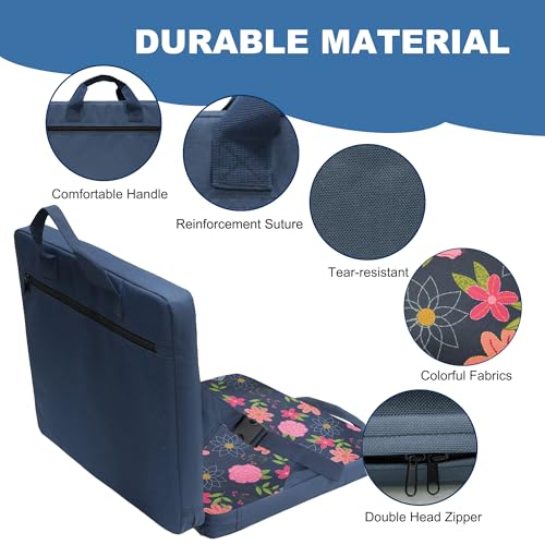Blue Floral 2-Fold Stadium Bleacher Seat Cushion 4cm Thick Portable Back Support