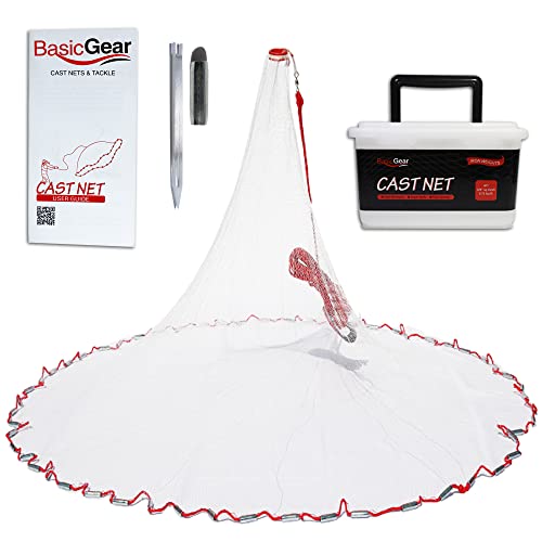 BasicGear 8ft Radius Cast Net - Zinc Iron Sinkers & 3/8" Mesh for Bait Fishing