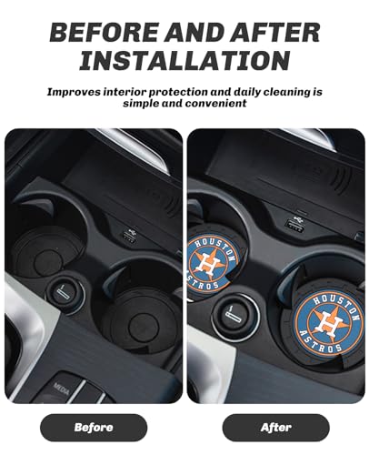 2PCS Car Cup Holder Coasters - Houston Astros Baseball Fan Accessories - Non-Slip Silicone Inserts with Team Logo - Vehicle Interior Decor