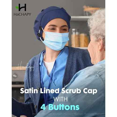 Satin Lined Bouffant Scrub Nurse Cap with 4 Buttons and Sweatband Adjustable
