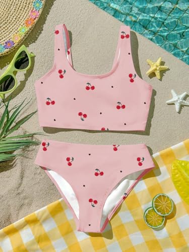 Girls Cherry Print Bikini Set 11 Years Pink Summer Swimsuit Two Piece Beach Outfit