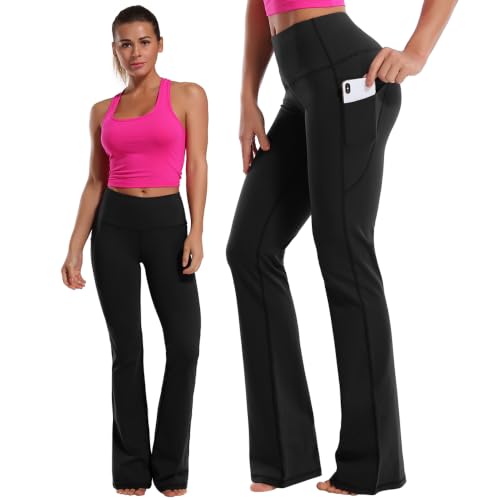 Women High Waist Bootcut Yoga Pants with Pockets - Tummy Control, 35" Inseam, Black
