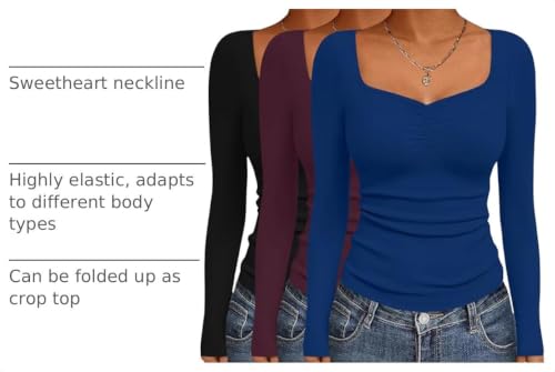 Ekouaer Long Sleeve Fitted Shirts for Women - Basic Layering Tee, 3 Pack, Black, Wine Red, Blue, Large