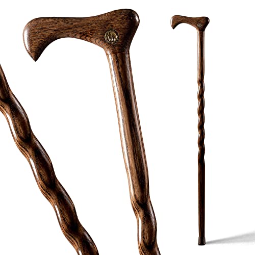 Brown Handcrafted Twisted Oak Walking Cane - 37 Inch, Traditional Handle, Made in USA