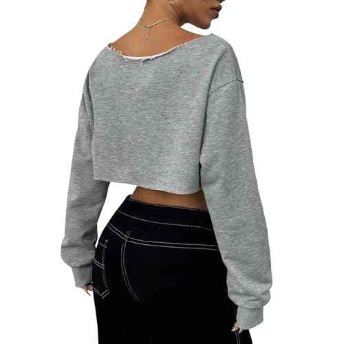 Remidoo Women's Off the Shoulder Cropped Sweatshirt Asymmetrical Neck Long Sleeve Crop Tops