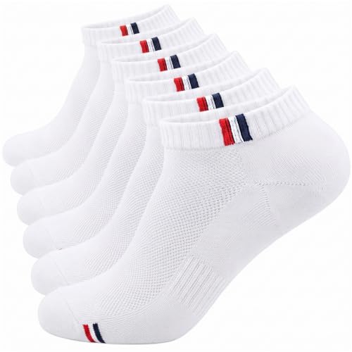Men's Cotton Athletic Ankle Socks 6 Pack Low Cut Casual Comfort - White 9-11