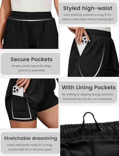 Women’s 2-in-1 High Waist Athletic Shorts - Medium Black, Workout Running