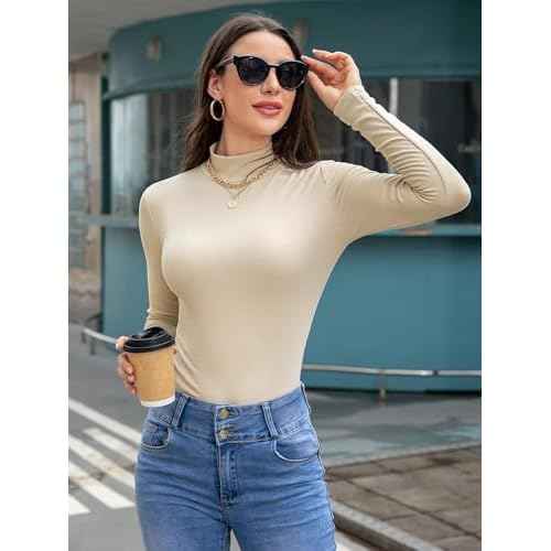 Womens Ribbed Long Sleeve Mock Neck Tops Fall Winter Fitted Shirts for Women 2025