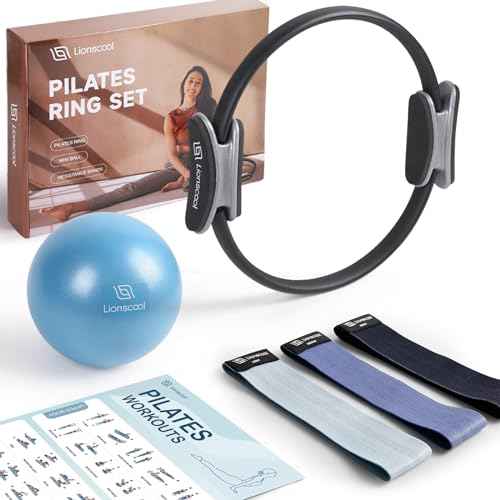 LIONSCOOL Pilates Ring Set ? 14" Anti-Deformation Magic Circle with Padded Handles, Mini Ball, Resistance Bands, Guide & Bag