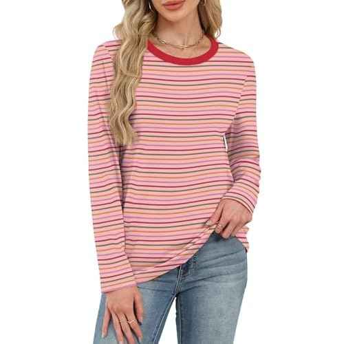 WIHOLL Womens Striped Long Sleeve Shirts Fall Outfits 2025 Color Block Tops Fashion Clothing Ribbed Crewneck Tee Blouses