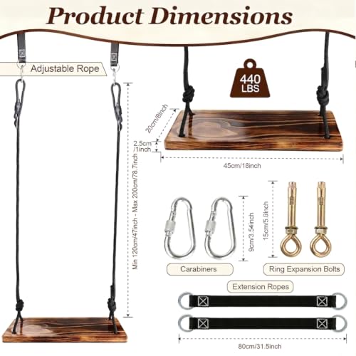 18x8 Carbonized Wooden Tree Swing Seat Heavy Duty 440 lb Load Capacity Outdoor Indoor