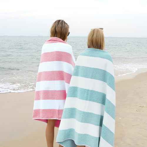 CLOWOOD Plush Oversized Beach Towel - Cotton 40 x 70 Inch Large Thick Pink Striped Cabana Pool Swimming Towel