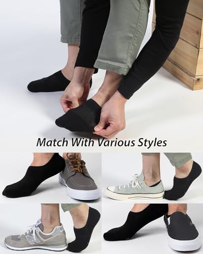 Large Black No Show Socks 6 Pack - Seamless Wide Toe Box Footies for Men & Women