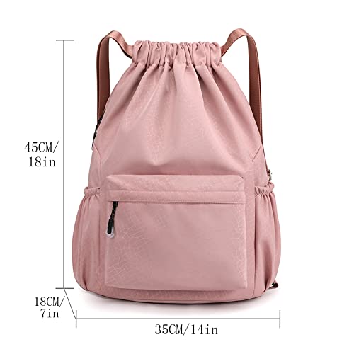 Pink Drawstring Backpack Sports Gym Bag Water Resistant Cinch Sack with Side Zipper Pocket