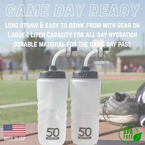 50 Strong 1 Liter Water Bottle with Straw ? 2-Pack Easy-Squeeze Sports Bottles with Long Straw & Built-In Finger Grip ? BPA-Free ? Made in USA ? Ideal for Hockey, Football, Lacrosse & Boxing