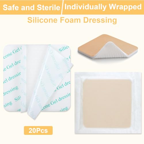 20 Pcs Silicone Foam Wound Dressings 4x4 Inch Non-Border Adhesive Sterile