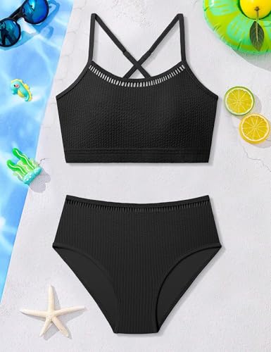 Girls Swimsuit Two Piece Cross Back Bikini Cutout Bathing Suit - Black, 13-14 Years
