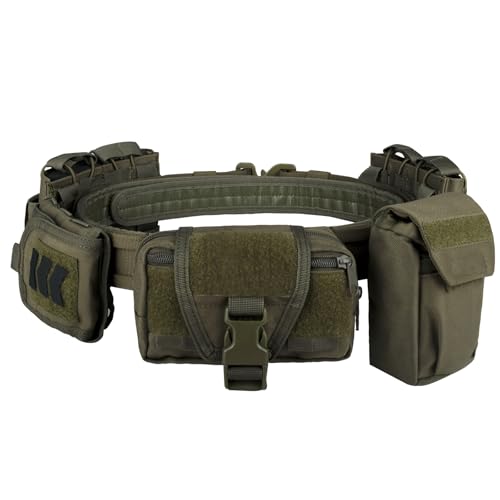 Tactical Battle Belt with Pouches – 7-Piece Quick-Release MOLLE Belt Set, Green (Adjustable Dual-Belt System)