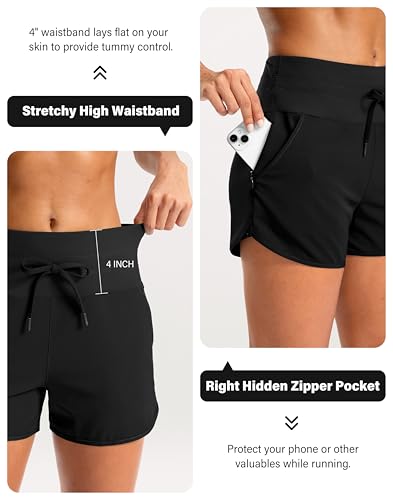 Soothfeel Women's Athletic Running Shorts with Zipper Pockets - 3 Inch, Medium, Black