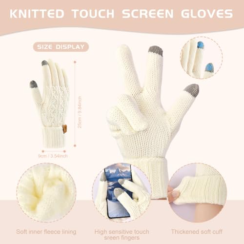 Womens Winter Warm Beanie Hat Long Scarf Touchscreen Gloves Set with Fleece Lined Skull Pom Caps 3 in 1 Set for Gift