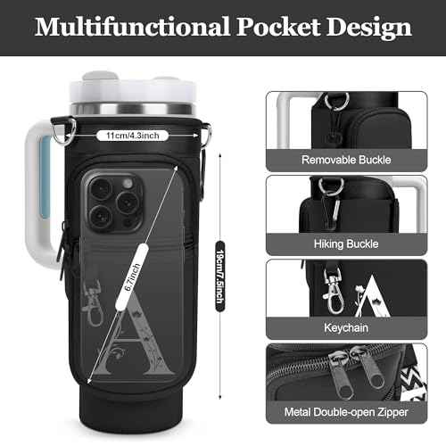 LOKASS Initial Water Bottle Holder with Strap for Stanley Cup 40 oz Tumbler, Personalized A-Z, Water Bottle Carrier Bag with Phone Pocket & Carabiner for Stanley Cup Accessories