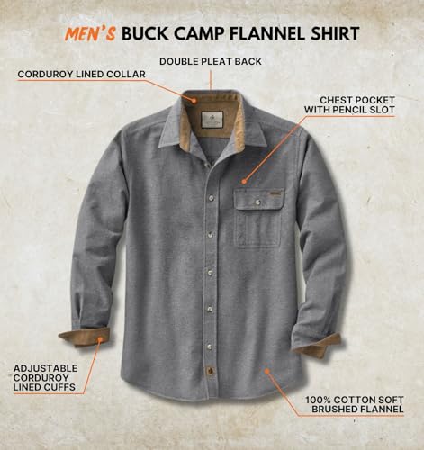 Men's Flannel Shirt Long Sleeve Button Down 100% Cotton Large Charcoal Heather