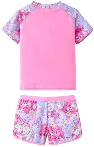 Girls Rash Guard Swimsuit Short Sleeve Bathing Suit Set - Pink Dahlia, 6 Years