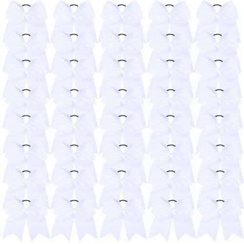 40Pcs 8" Large Cheer Hair Bows Grosgrain Ribbon Elastic Bands Handmade Ponytail Holder for Cheerleading Girls School College Sports (white)