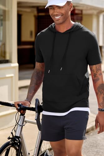 Men's Short Sleeve Hoodie T-Shirt with Pocket - Lightweight & Comfortable, Medium Black