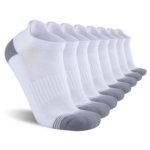 Men's Ankle Cotton Socks 8 Pairs - Breathable Cushioned Athletic Running Socks, Medium-Large, White