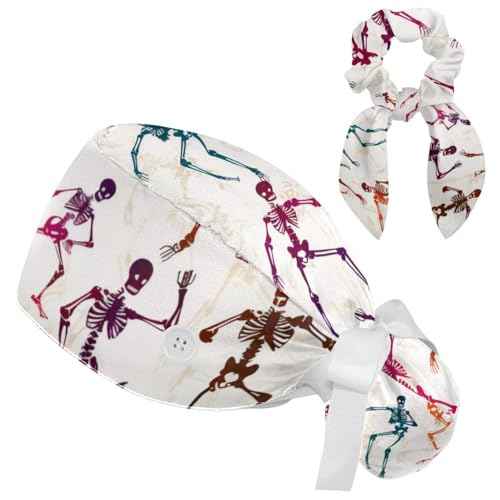 Women Working Cap with Buttons Bouffant Hat Autumn Leaves Nurse Scrub Caps Long Hair