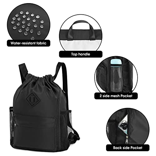 WANDF Small Black Drawstring Gym Backpack with Shoe Compartment