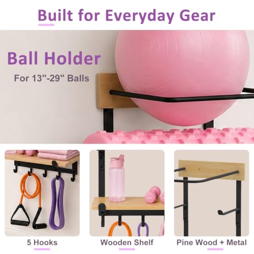 Yoga Mat & Ball Wall Mount Organizer with Adjustable Pine Shelf and Hooks