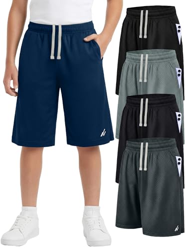 Boy's Athletic Mesh Shorts 5 Pack - Breathable Basketball Shorts - Large Black Grey Navy Variation
