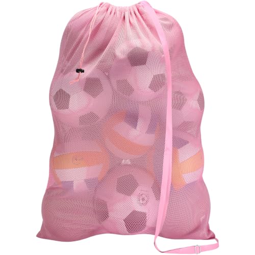 Pink Mesh Sports Ball Bag 40x30 Inch Heavy Duty Drawstring Organizer for Basketball Volleyball Soccer