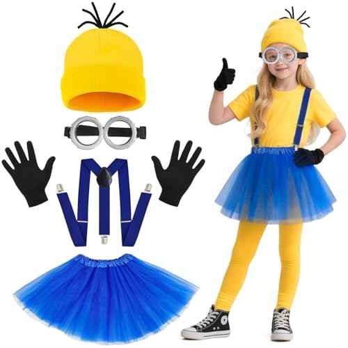 5Pcs Halloween Costumes for Girls Kids Yellow Beanie Tutu Goggles Gloves Suspenders - Cosplay Party Dress Up Set