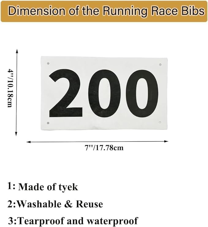 1-200 Running Race Bibs Large Numbers with Safety Pins for Marathon Race Events- Tyvek Tearproof Waterproof