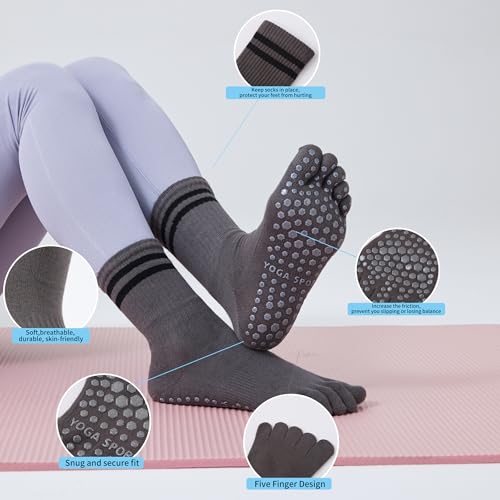 Grippy Yoga Socks for Women - 4 Pairs Black Pink Grey White - Non-Slip Fit