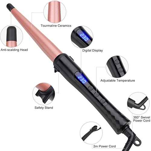 Hair Curling Wand, 0.5-1Inch Tapered Curling Iron, Professional Ceramic Hair Curler Wand with Adjustable Digital Temperature, Dual Voltage, Auto Shut-Off