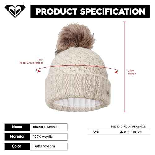 Roxy Women's Blizzard Beanie - Chunky Knit Winter Hat with Faux Fur Pom, Fleece-Lined